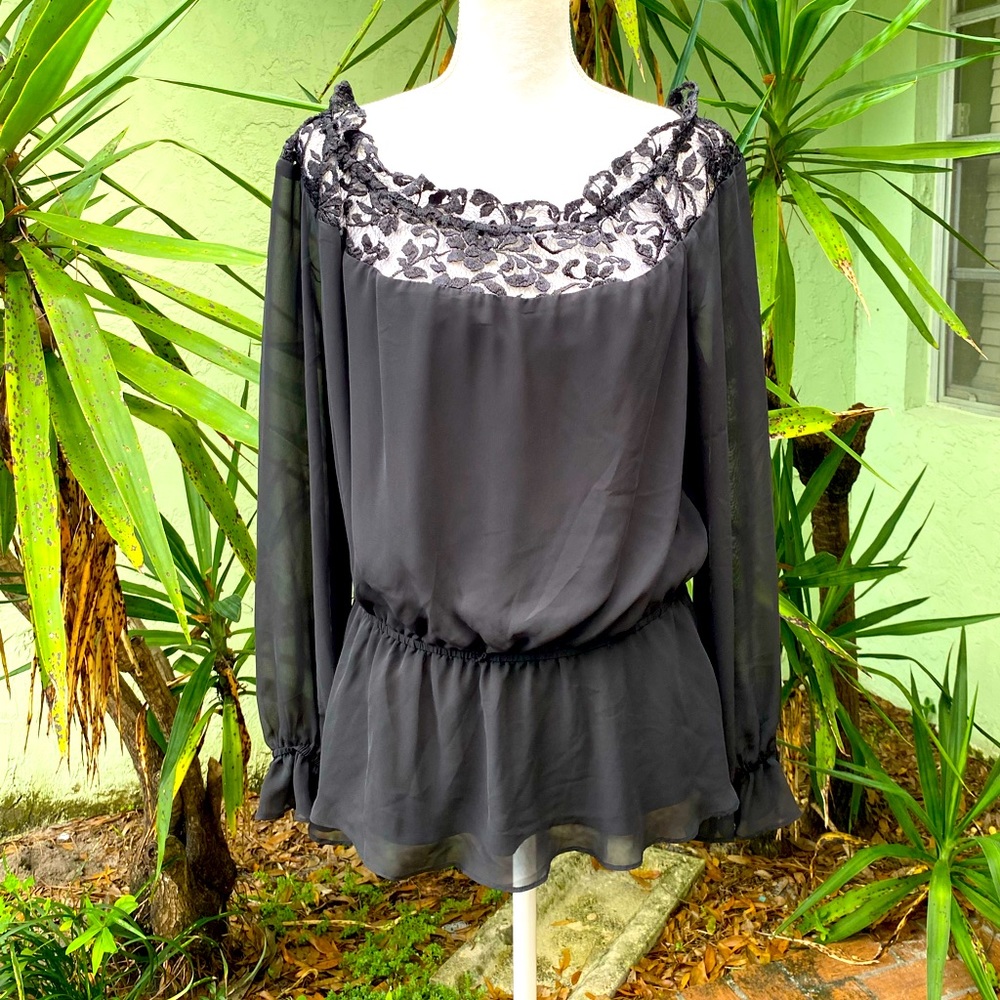Adrianna Papell Black Lace Peplum Blouse